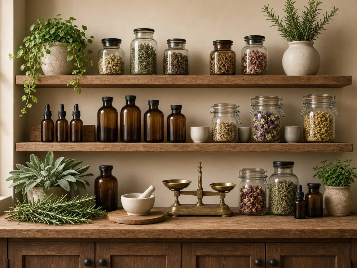 Wooden shelves of unlabeled herb jars, amber bottles, and a brass scale