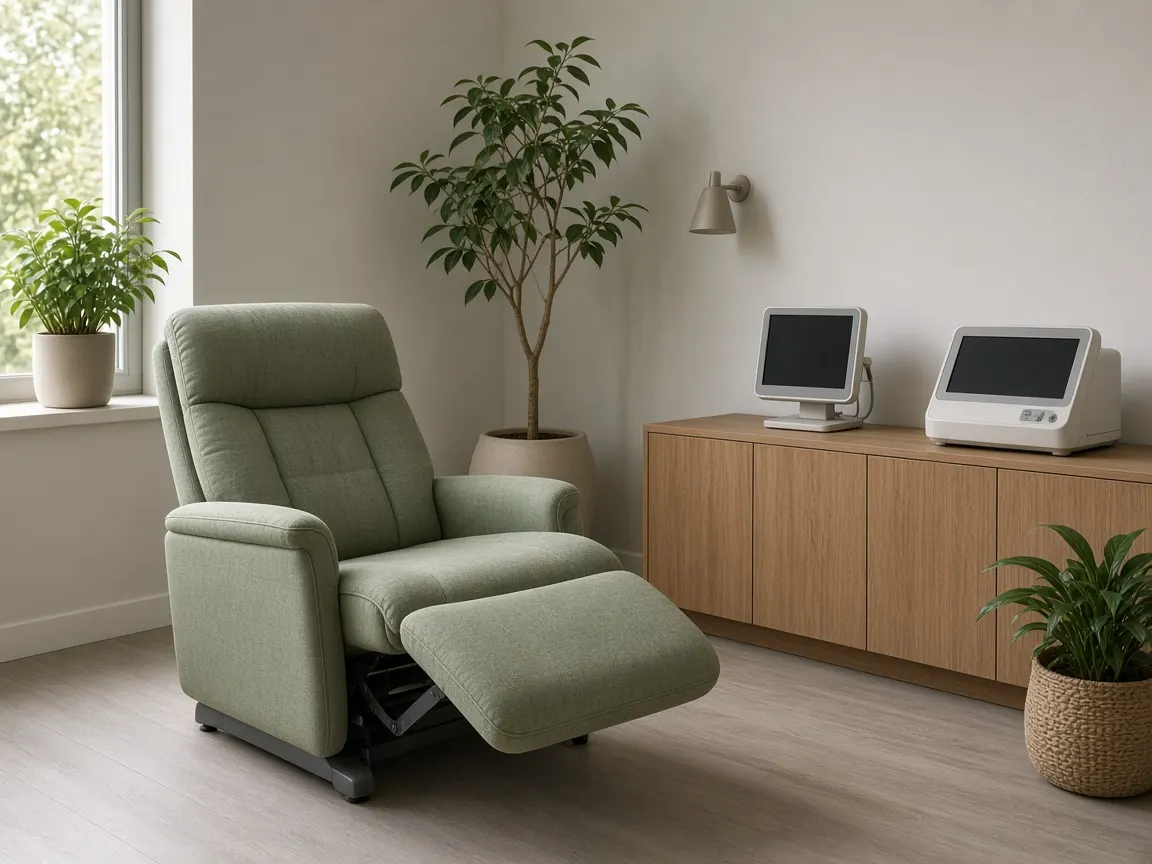 A sage recliner in a quiet room with blank screens and a leafy plant