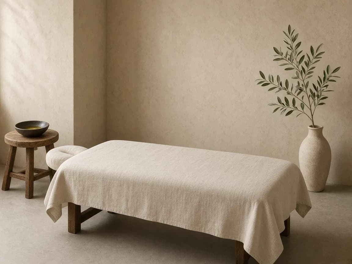 A linen-covered treatment table, a wooden stool, and an olive branch