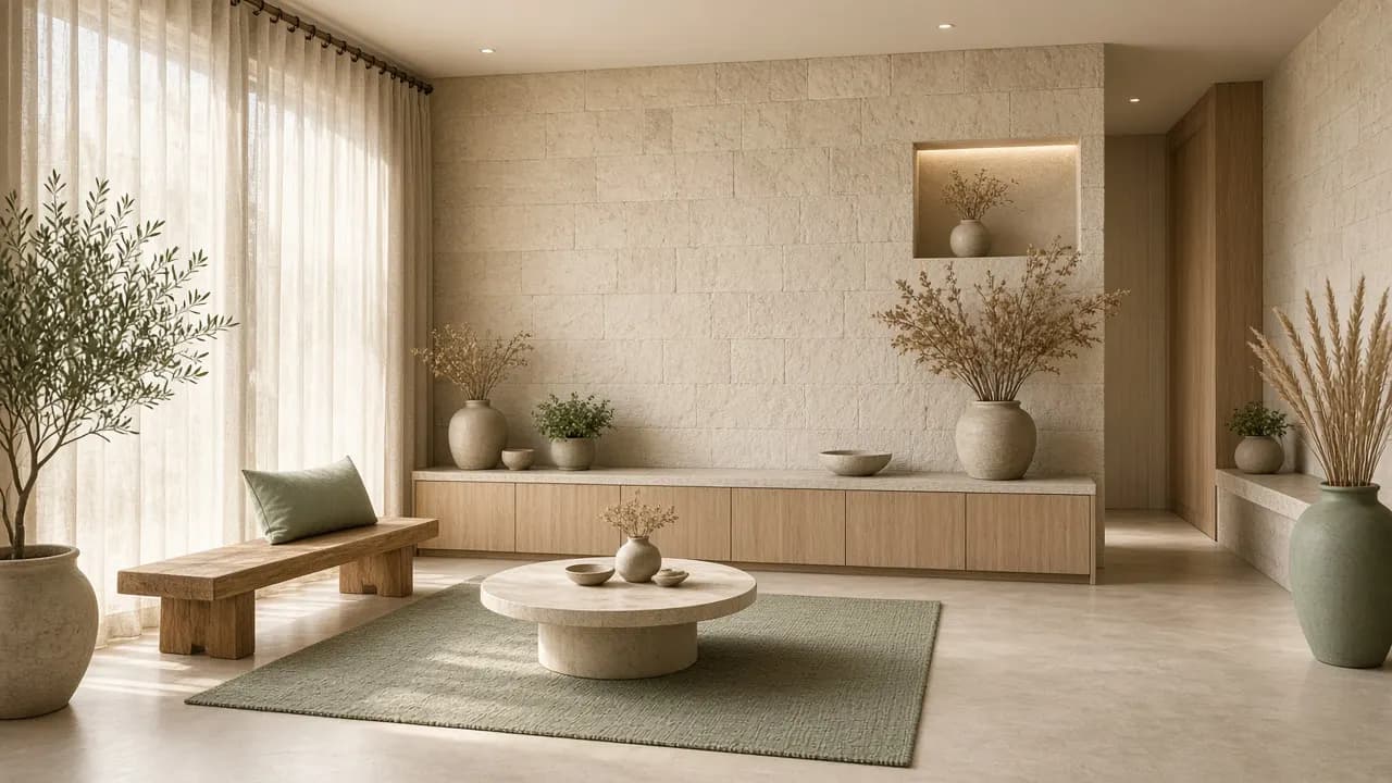 A quiet clinic sitting room with limestone, linen curtains, and ceramic vessels
