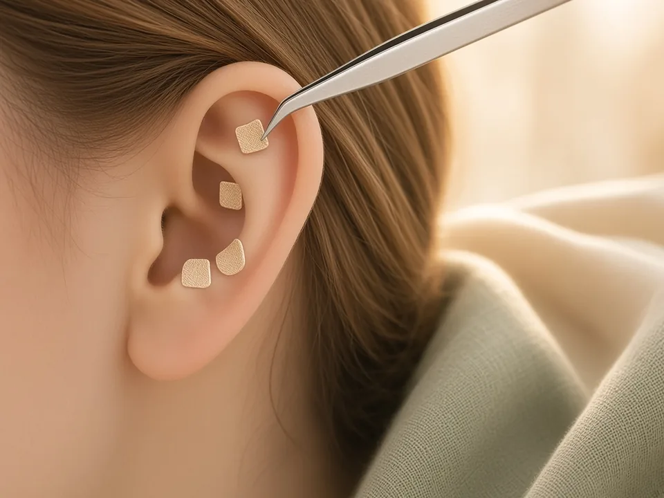 Tweezers placing a small gold ear seed on a person's ear