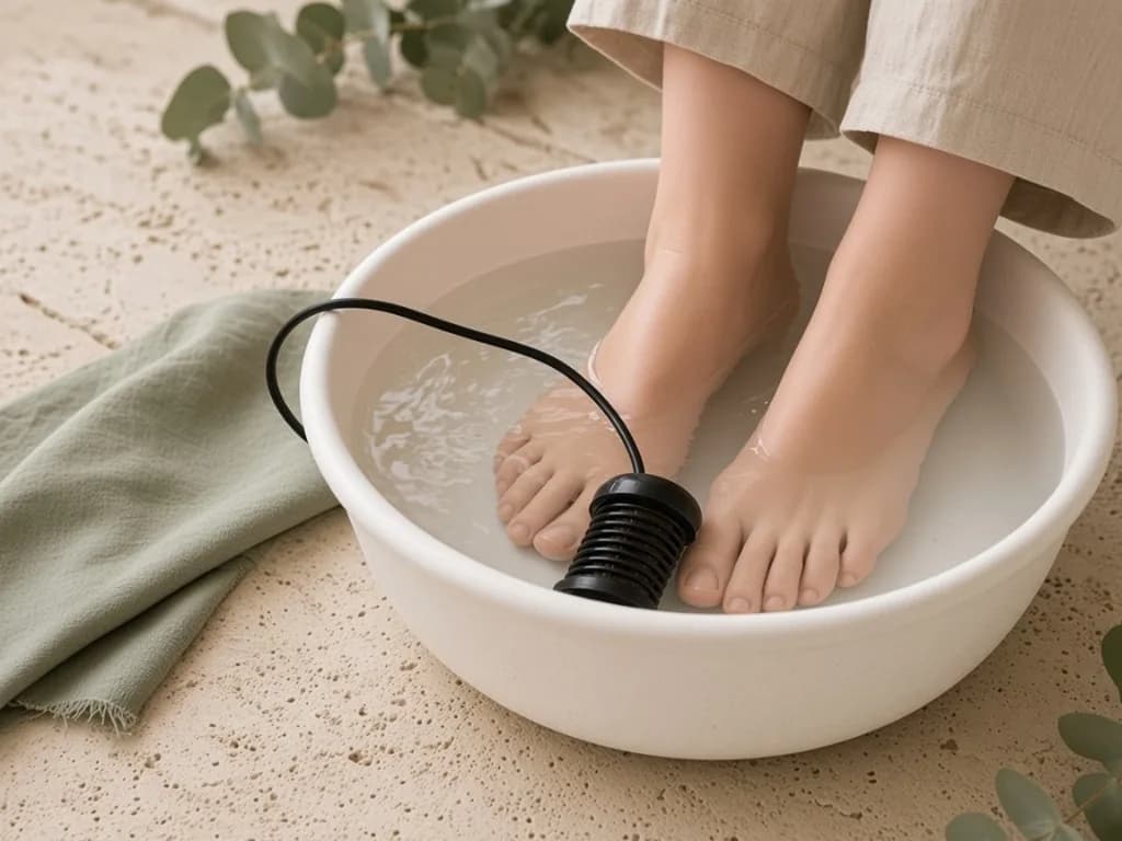 A person's feet submerged in an ionic foot bath on a stone floor beside a linen towel