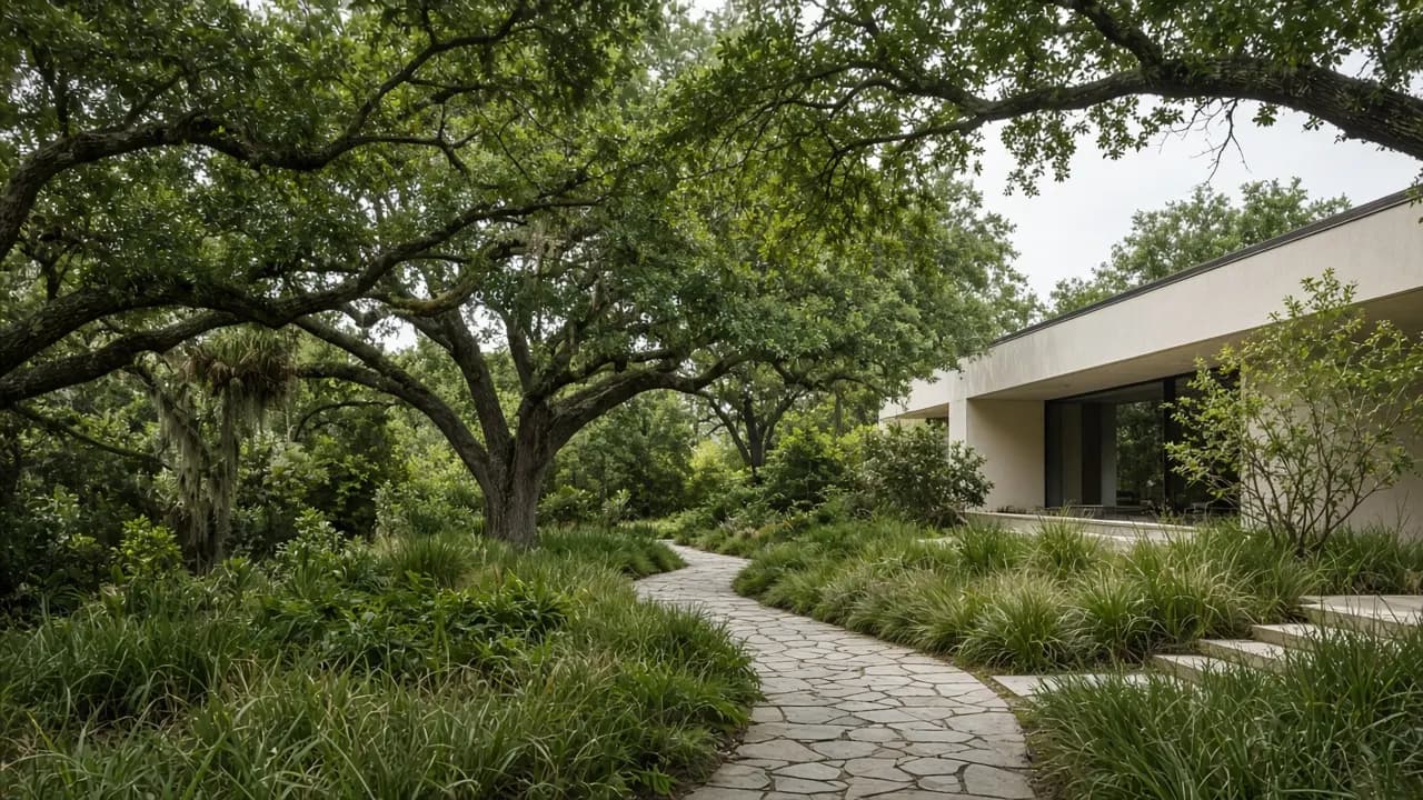 A stone path under live oaks beside a low clinic building
