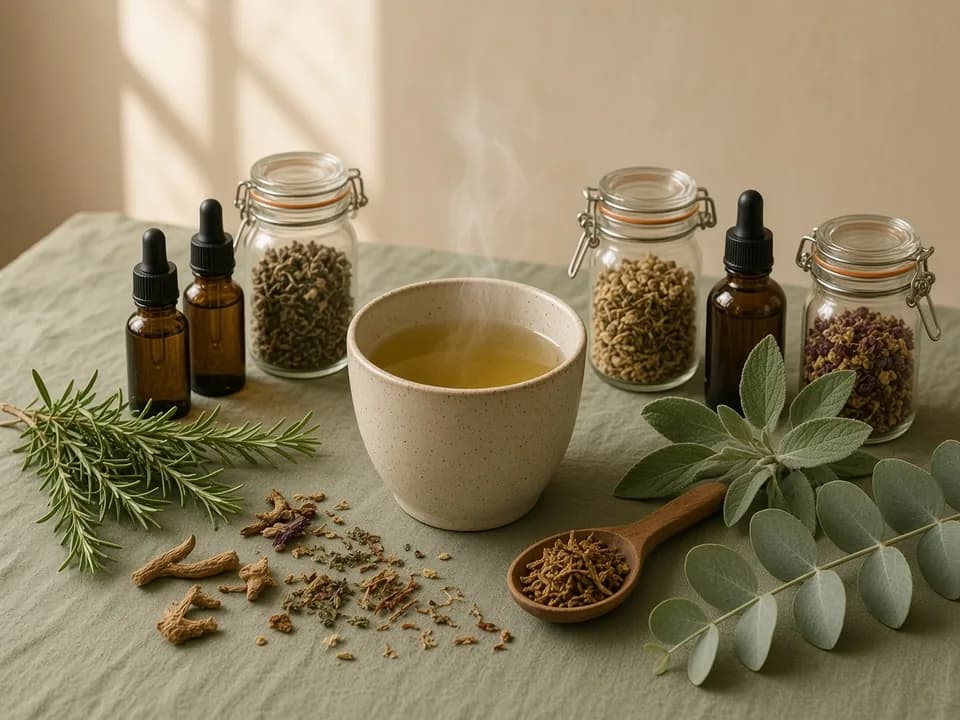 A cup of herbal tea with tincture bottles, dried herbs, and fresh leaves on linen