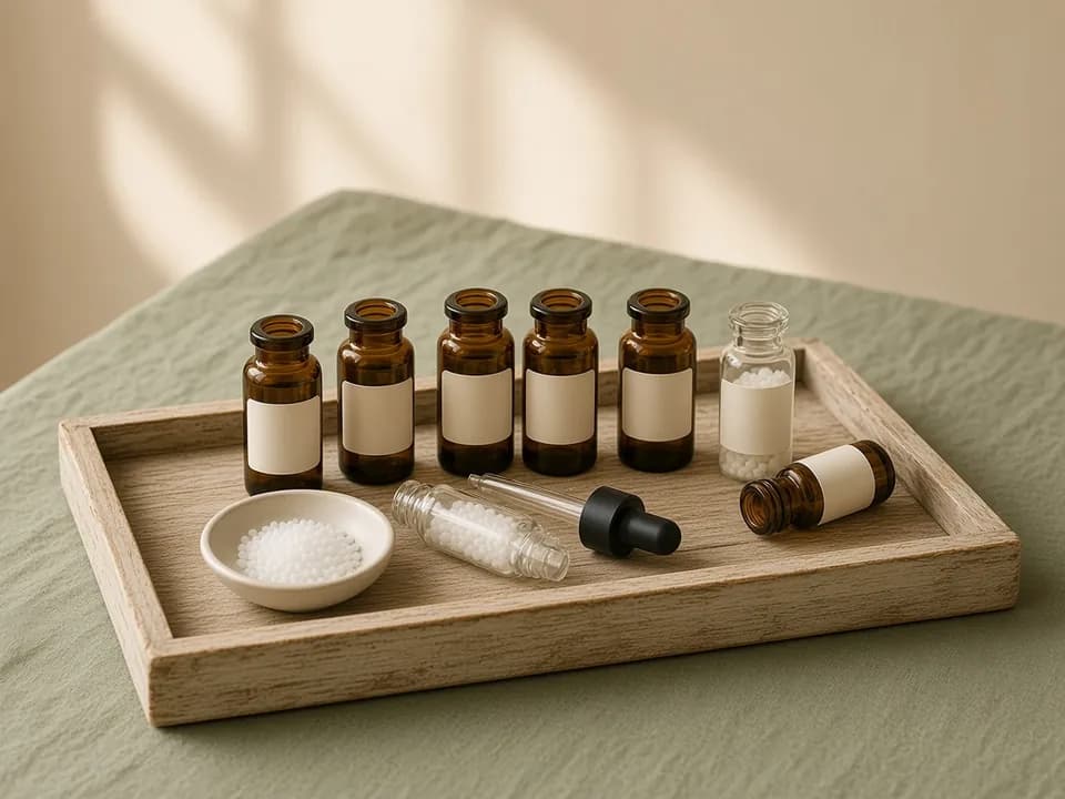 Amber remedy vials and white pellets arranged on a wooden tray