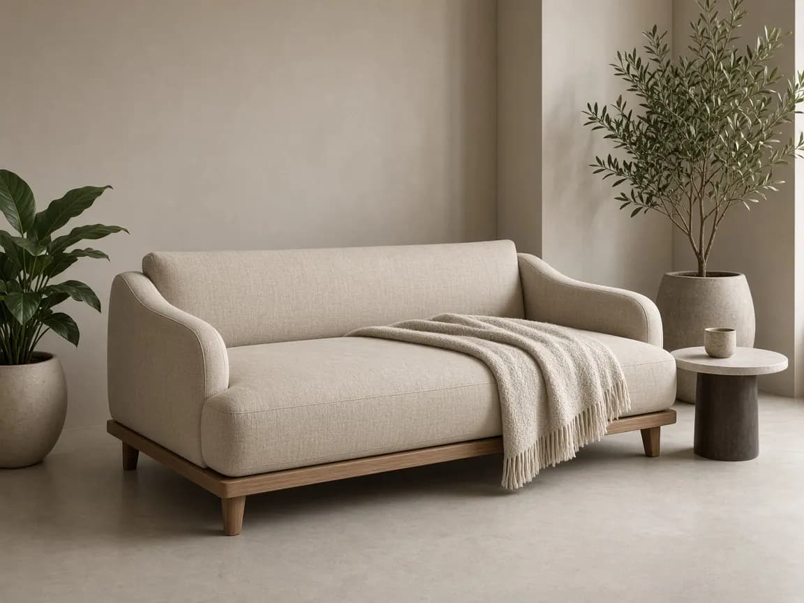 A low linen daybed with a throw in a calm plaster room