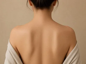 The upper back with a linen wrap lowered off the shoulders