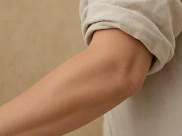 A bent elbow with a linen sleeve rolled up