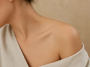 A shoulder and collarbone with a linen wrap slipped down